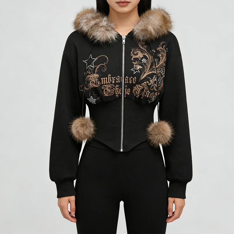 

Европейско-американский модный кардиган в стиле Харадзюку, винтажный готический, с зауженной талией, на молнии, плюшевый худи с длинными рукавами, укороченный, для девочек в стиле эмо, повседневный топ