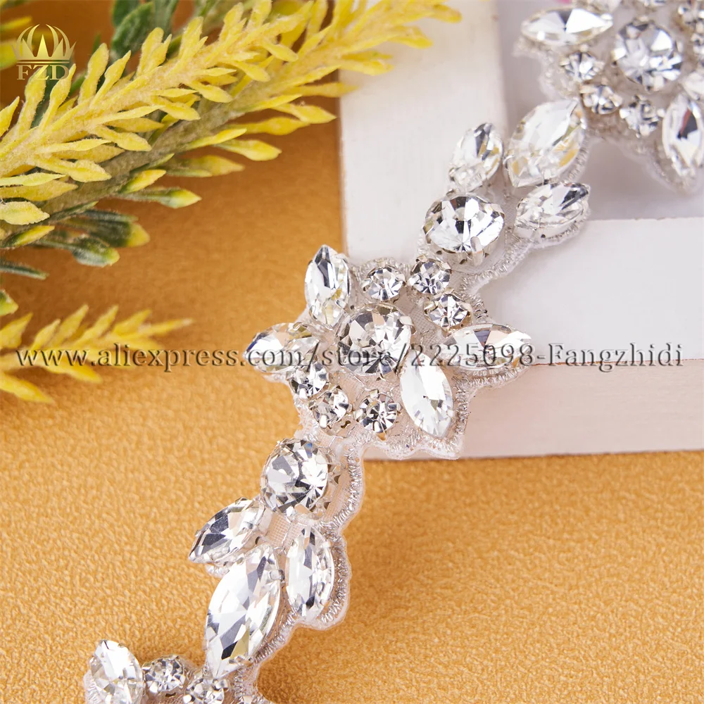 FZD 1 PC Bow Shape Bridal Beaded Crystal Rhinestone Applique Trim Silver Sew Iron on For Wedding Dress Bridal Sash Belt Trim DIY