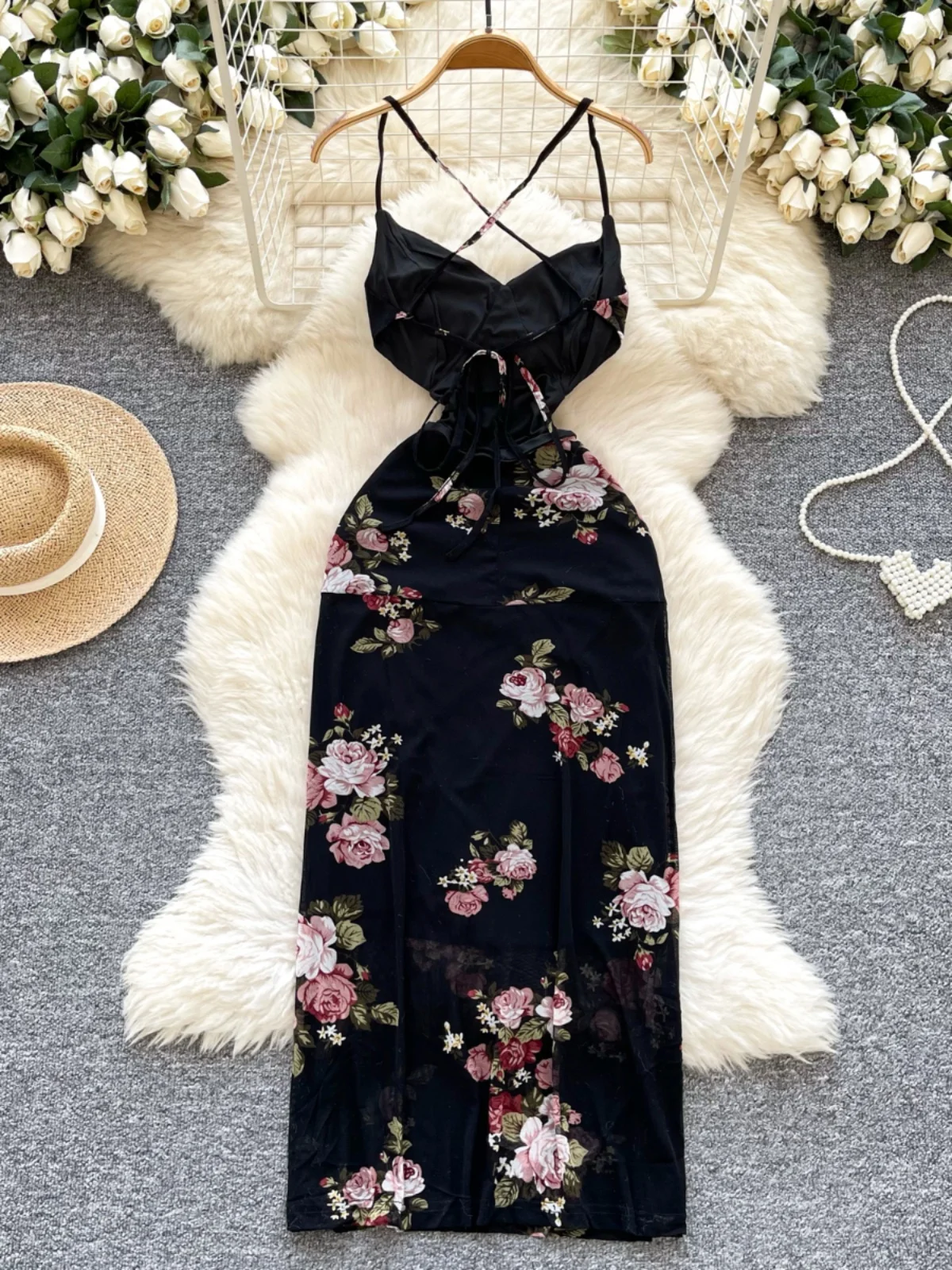 Pure Desire Slim Fit Strap Dr Women's Sexy V Ne  Chest Waist a Floral Lace Bal Skirt Korean Sle a Li...