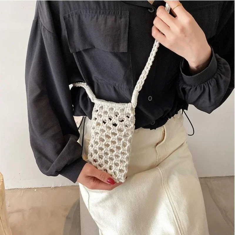 Women Fashion Small Crossbody Phone Bag Solid Color Hollow-out Woven Crochet Lightweight Braided Shoulder Handbag Crossbody Bags