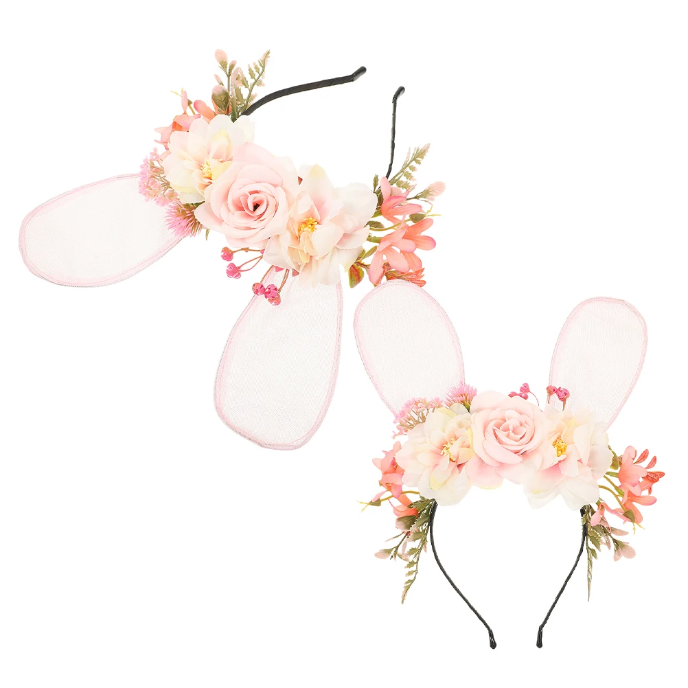 

2 Pcs Bunny Ears Headb Children Adult Mesh Flower Hairb Lace Fabric Wedding Crown Spring Photo Prop Easter Hoop