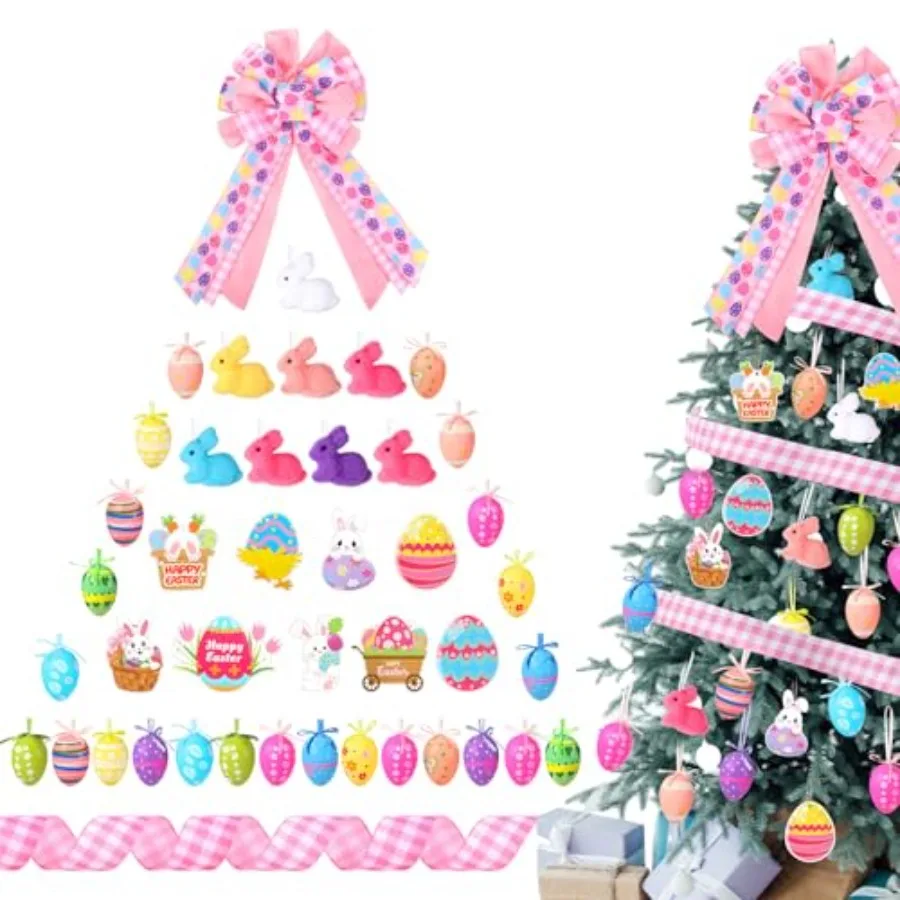 

43 Pcs Easter Decorations Tree Ornaments Kit Easter Egg Rabbit Paper Cards Ornaments with Bow and Ribbon for Holiday Party Tree
