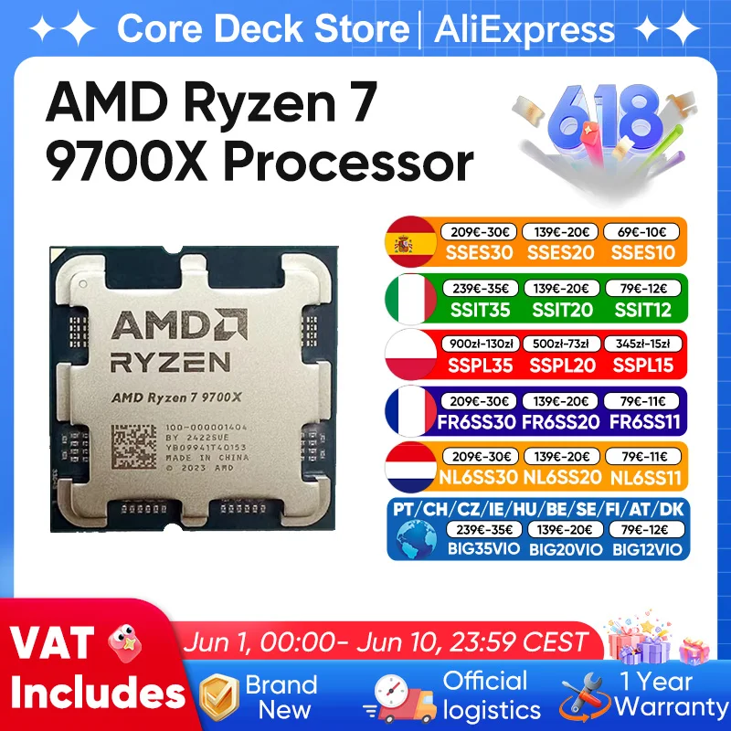 Processeur AMD Ryzen 7 9700X 8 cœurs 16 threads, fréquence d'accélération jusqu'à 5,5 GHz, 32 Mo, 4 nm, 65 W TDP, sans ventilateur