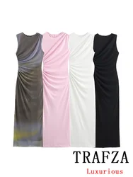 TRAFZA Vintage Chic Casual Sexy Women Dress Solid O-Neck Folds Sleeveless Long Vestidos New Fashion 2024 Summer Holiday Dress