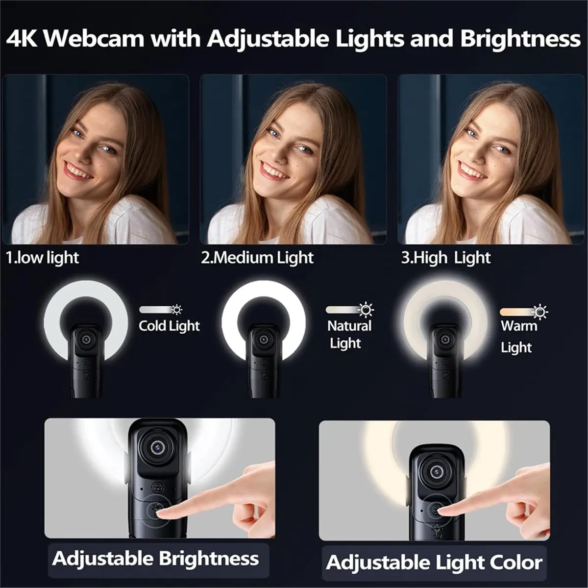 “QUALITY EXCELLE“4K Webcam with Light, Webcam for PC with Microphone, USB Computer Camera with Stand Base for Desktop Live Show