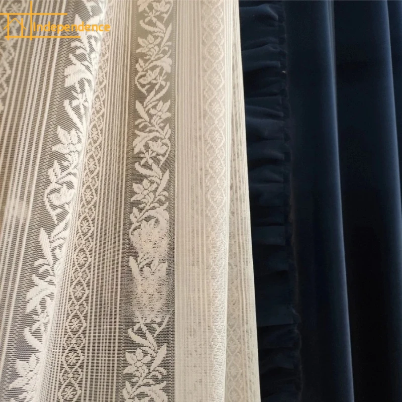 Deep Sea Blue Thickened Velvet Wood Ear Curtains for Living Room Bedroom French Window Balcony Customized Partition Curtain