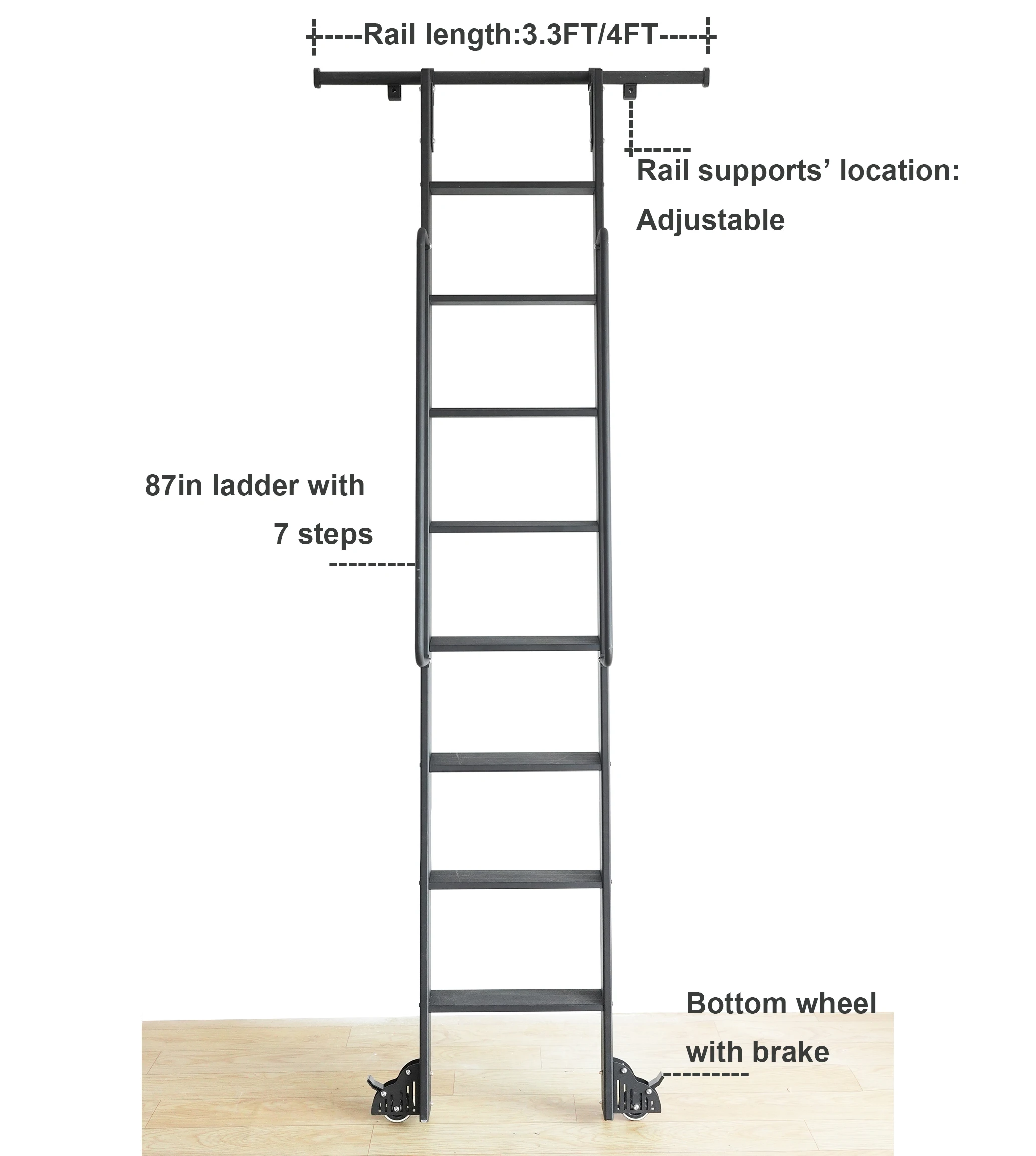 DIYHD 221cm Home Office Library Sliding Ladder with Handrail 100cm Telescope Rolling Track