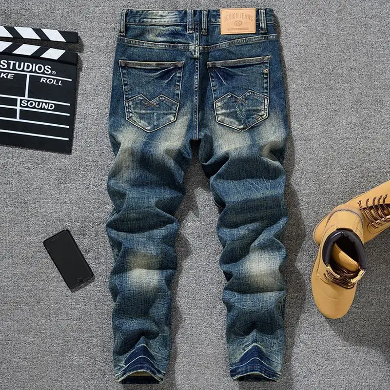 

Autumn jeans for men, slim fit, straight legged, casual, retro, distressed, washed, street style, cool denim pants