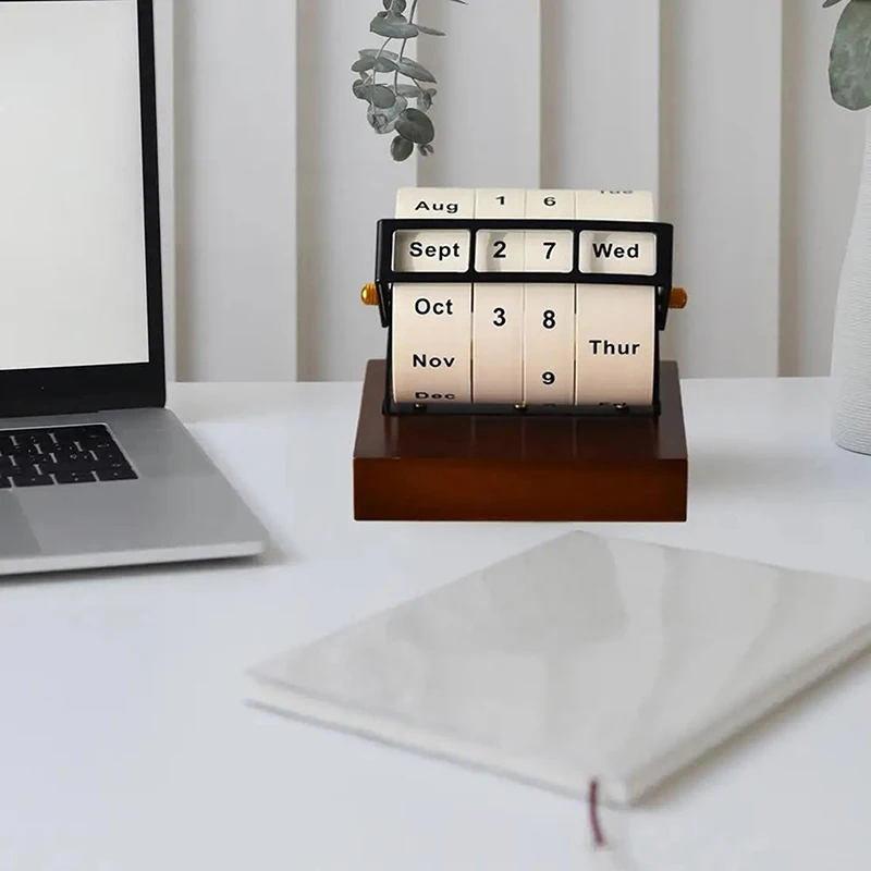 2025 Calendar Rotary Perpetual Desk Calendar Wooden Wheeling Calendar Month Week Day Date Display For Home Office Reusable