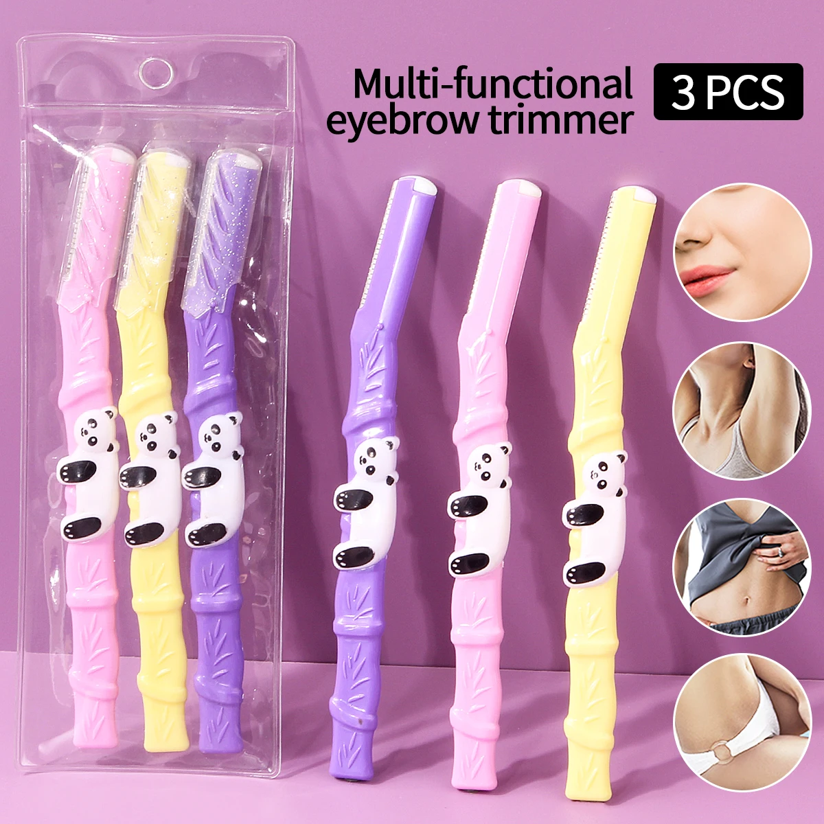 

3PCS Panda Bamboo Handle Eyebrow Razor Set, Special for Clumsy Hands, Beginner-friendly Eyebrow Shaping Kit with PVC Storage Bag