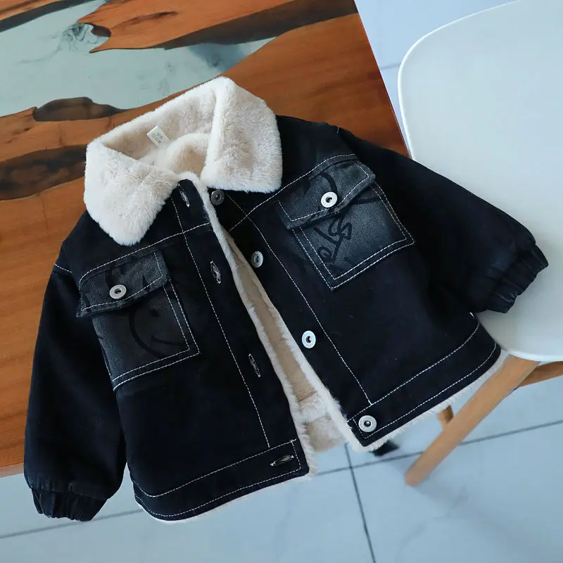 Baby children's clothing new top boys autumn  winter velvet denim jacket children Korean version thickened going out clothes