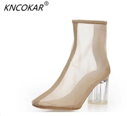 KNCOKAR Fashionable baotou sandal sex appeal net gauze breathable female shoe fashionable high heel short boot tide summer coars
