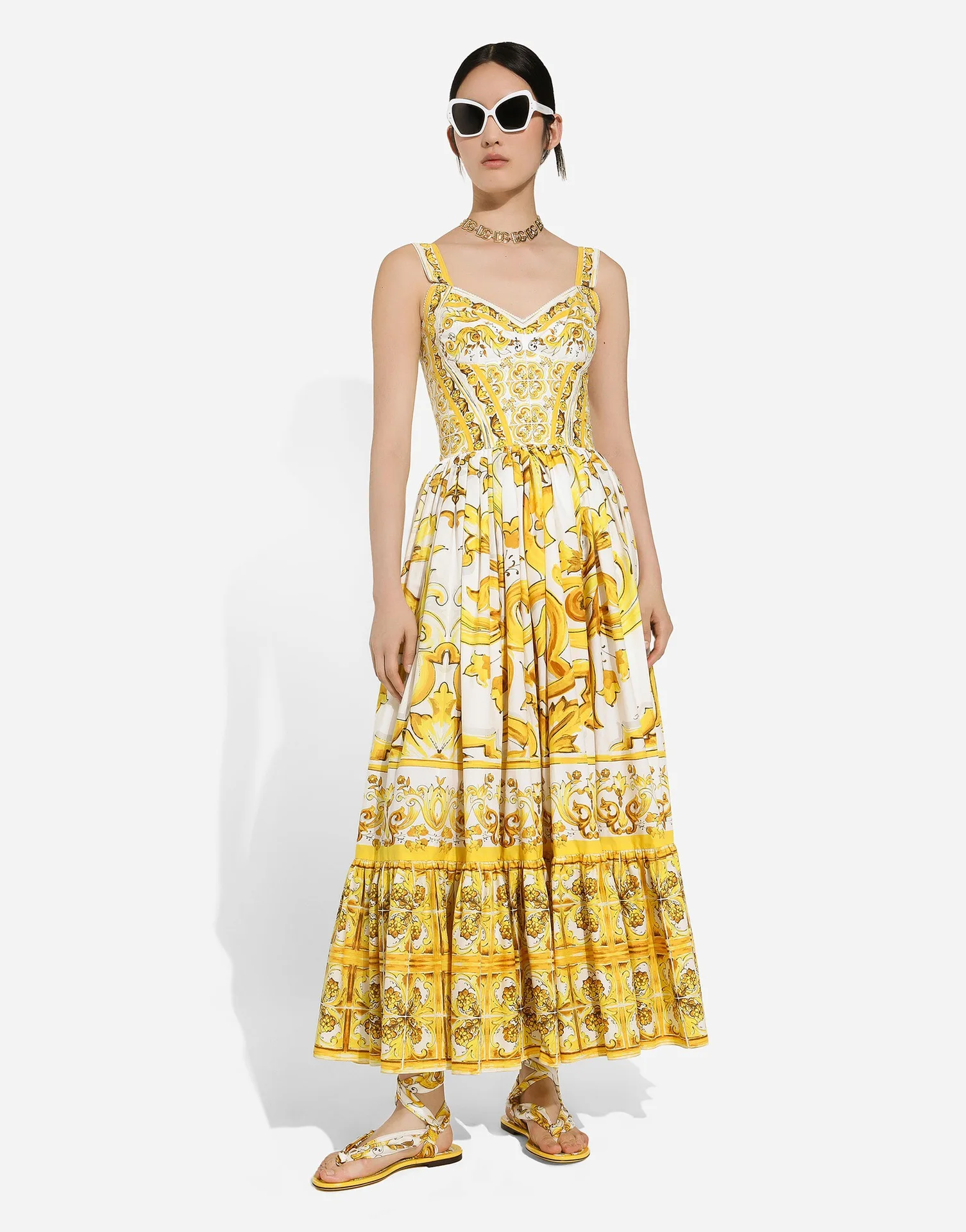 100% Cotton 2024 Summer Bohemian Women\'s Vintage Yellow Porcelain Print Luxury Dress