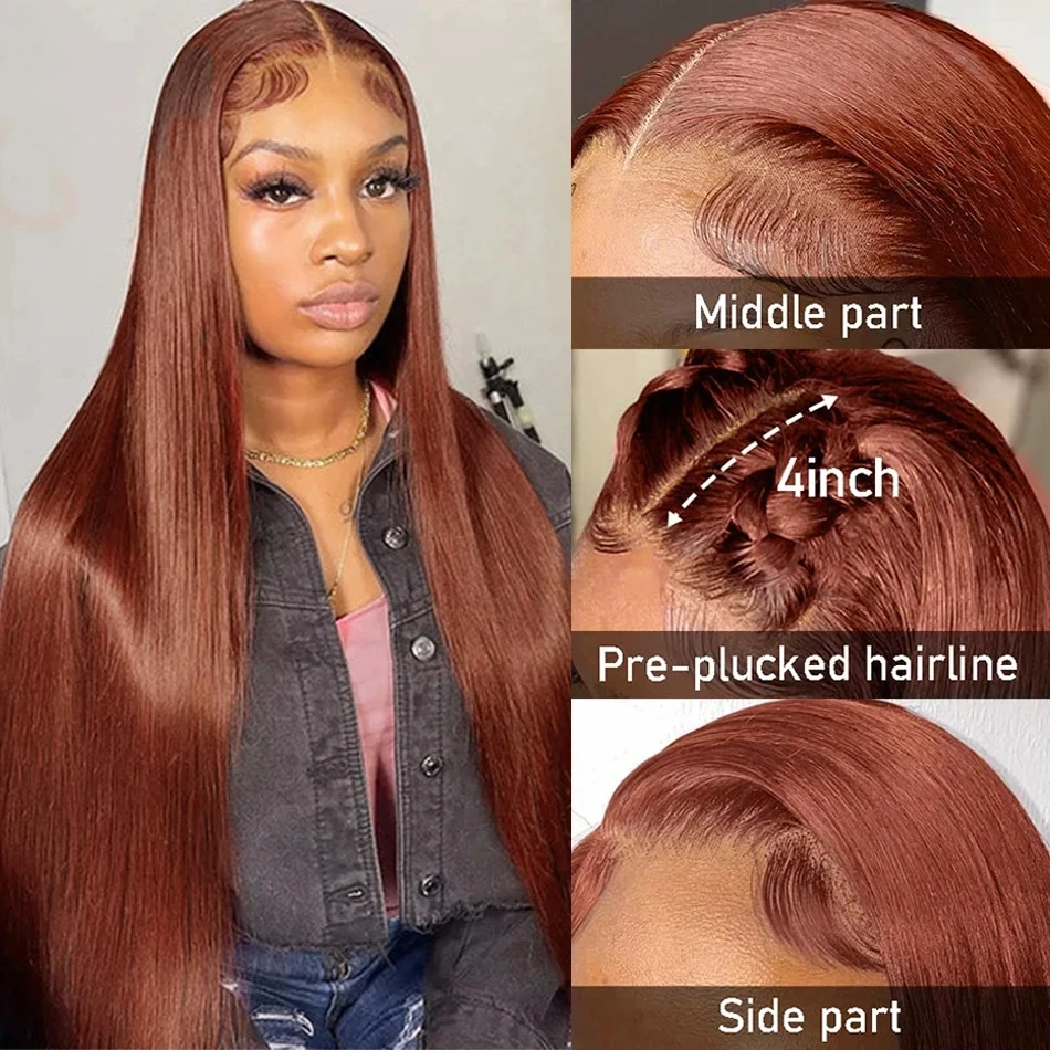 HD 32 Inch Reddish Brown Straight 13X4 Lace Frontal Human Hair Wigs 180% Remy Colored 13X6 Front Wig Human Hair For Women