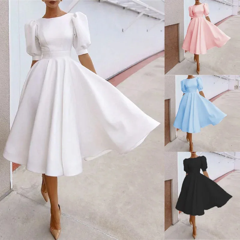 

Spring/summer New Solid Color Slim Fit Women's Dress Fashion Sexy Big Swing Short Sleeve Midskirt Vestidos De Festa