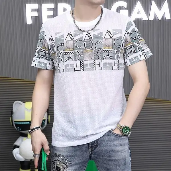 Men's Summer T-Shirt with Ice Silk Material Round Neck Short Sleeve Printed Design Slim Fit Casual Trendy for Comfortable Look