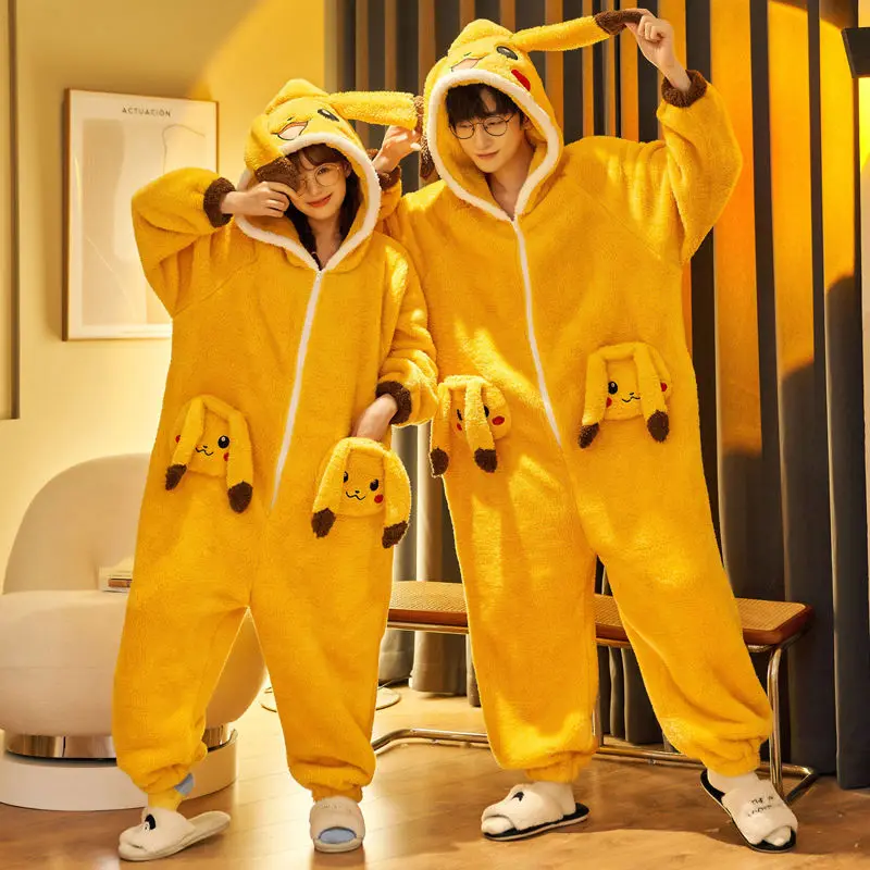 Pokemon Pikachu Cartoon Plush Pajamas Kawaii Anime Creativity Couple Hooded Nightwear Suit Winter Boy Girl Conjoined Homewear