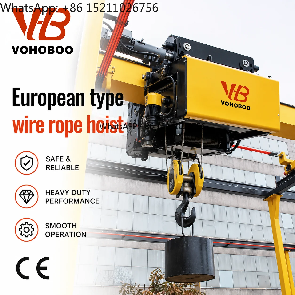 VOHOBOO European Type Wire Rope Hoist M7 Duty Cycle Electric Crane Hoist with Frequency Conversion Drive and Precise Positioning