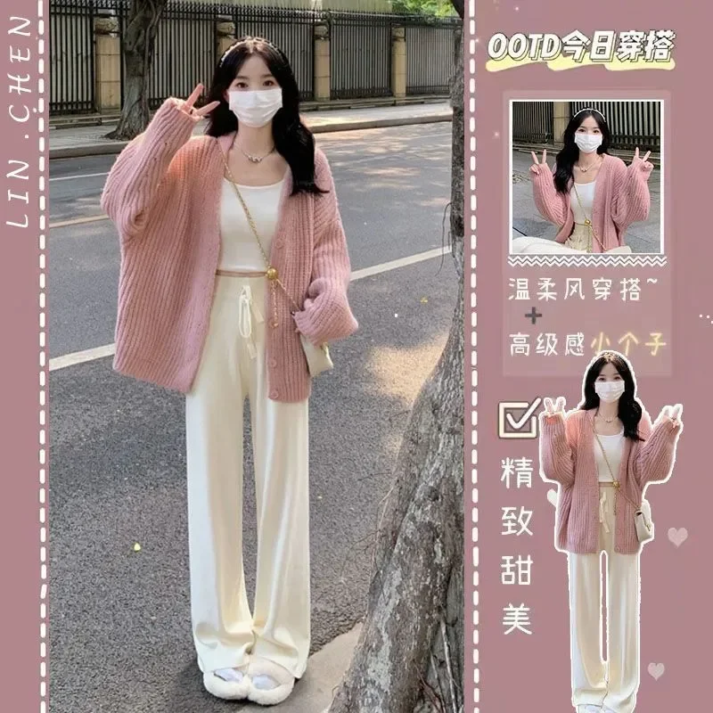 

Autumn and Winter Three-piece New Gentle Wear Loose Sweater Knitted Cardigan Vest High Waist Wide Leg Pants