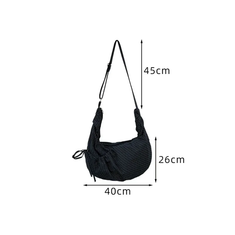 Koreanische karierte Hobo-Tasche mit Kordelzug, große Kapazität, Canvas-Umhängetasche, lässige Alltagstasche für Damen – Detail 6