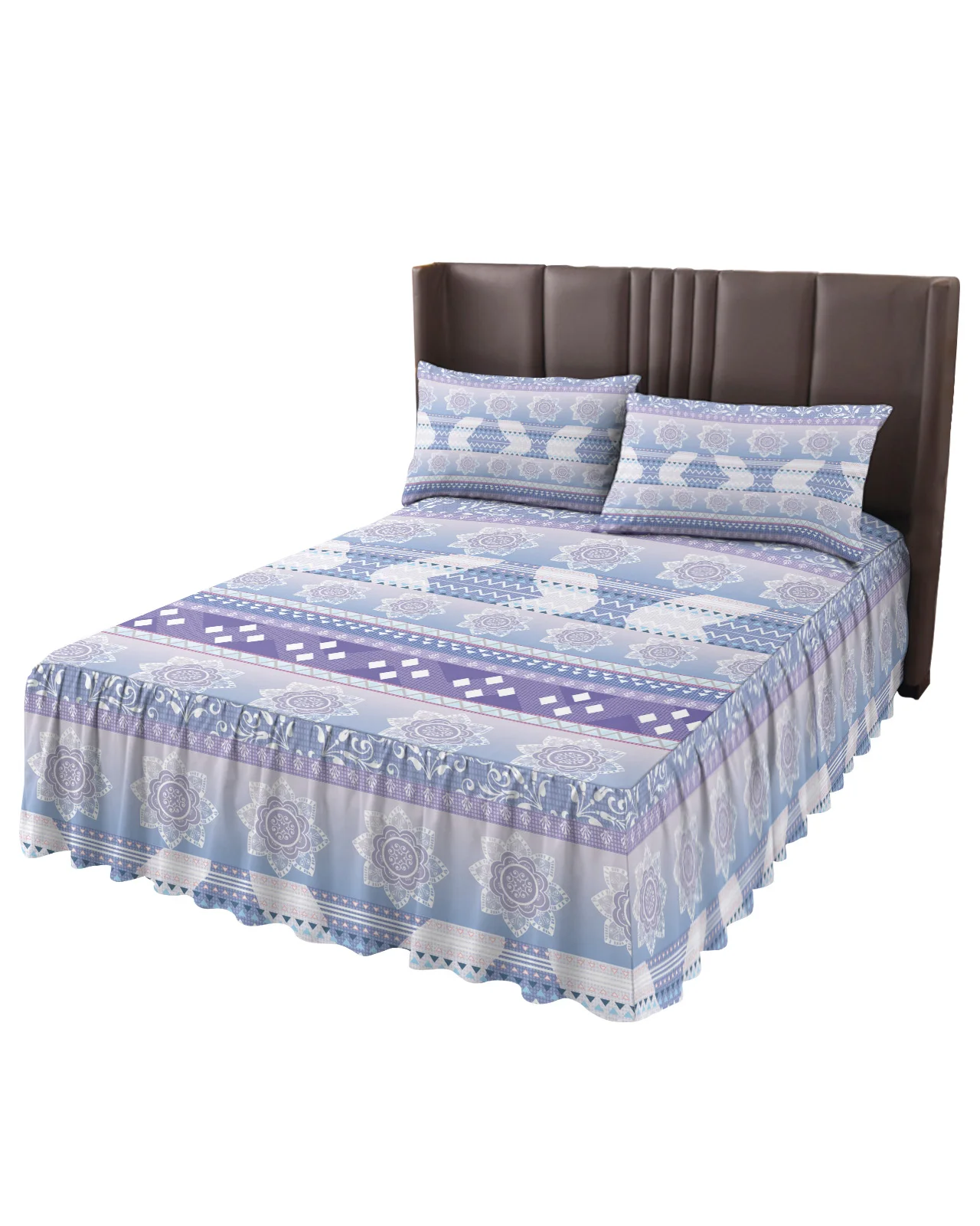 Purple Mandala Boho Pattern Skirt Elastic Fitted Bedspread With Pillowcases Mattress Cover Bedding Set Bed Sheet