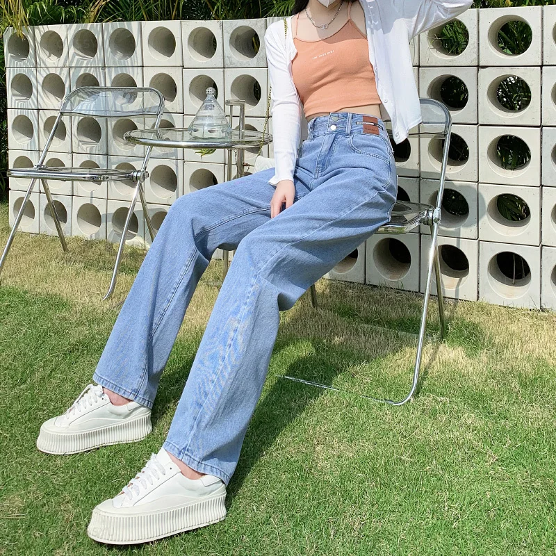 ﻿High Quality Cotton Woman Jeans High Waist Wide Leg Blue White Streetwear Vintage Straight Pants American Y2K Extended Trouser
