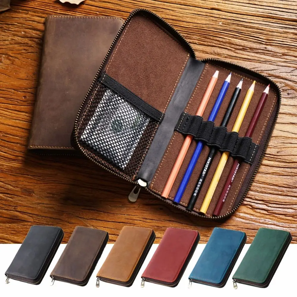 

Portable Cowhide Leather Pencil Case Mesh Storage Space Zipper Pen Bag Elastic Pen Insertion Waterproof Pen Pouch Student Gift