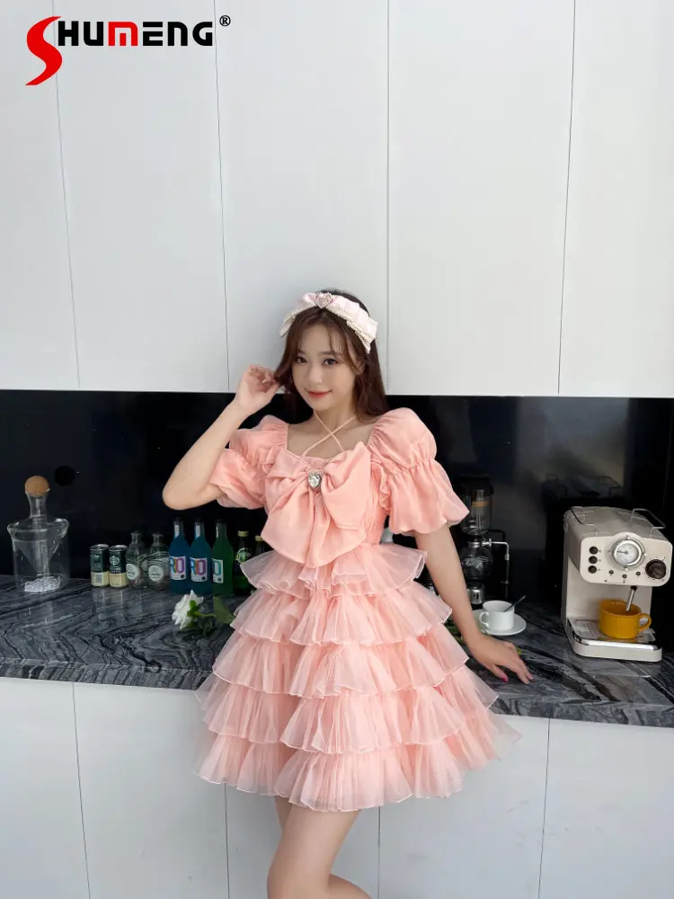 

Sweet Princess Bow Love Diamond Puffy Cake Dress 2023 Summer New Cute Lolita Organza Ruffled Short Puff Sleeve Waist Dresses