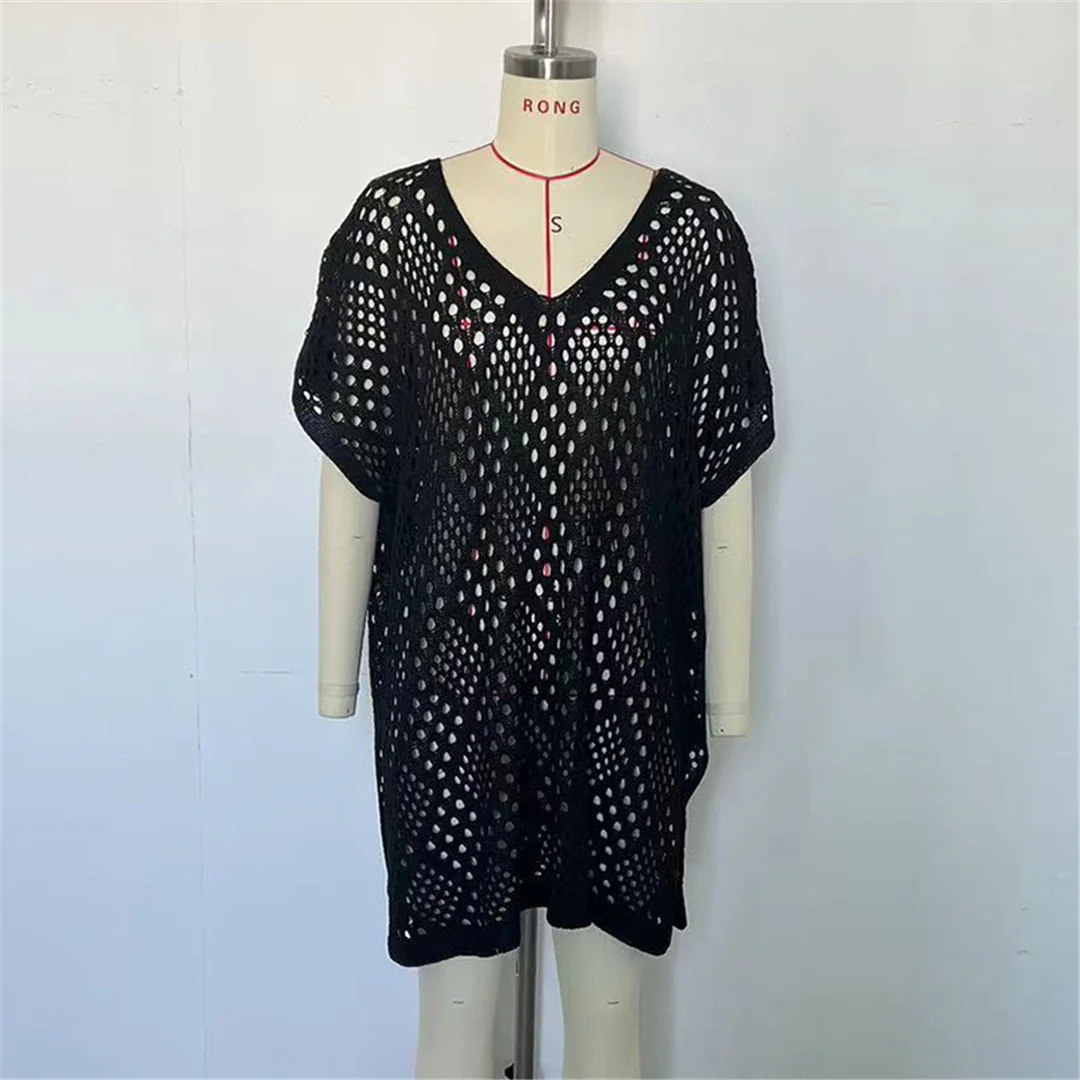 Kurzarm-Tunika mit Aushöhlungen, einfarbig, gehäkelt, gestrickt, Strand-Cover-up, Strandkleid, Strandmode, Damen V8535 – Detail 18