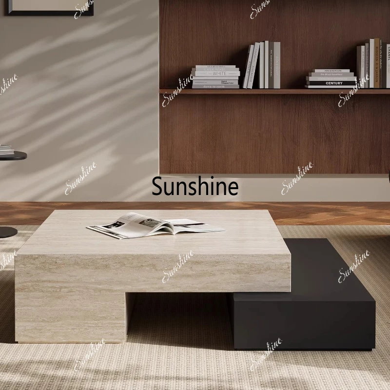 

Modern simple travertine square coffee table wabi-sabi style retractable combination coffee table