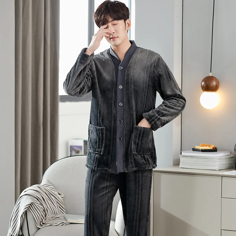 Men's Autumn And Winter Thick Flannel Pajamas Sets Long Sleeve Fashion Style Solid Warm V-Neck Sleepwear Big Yards 3XL Pijamas