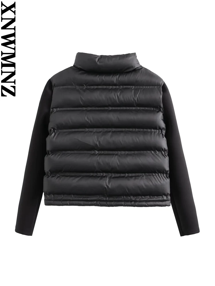 XNWMNZ Women Fashion 2023 Autumn Winter Long Sleeve Splicing Padded Short Coat Female Casual Turtleneck Zip Placket Jacket Coat