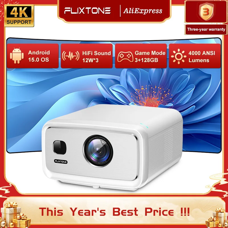 Proyector Flixtone 4000 Ansi Full HD 4k D10S 3G 128G, Proyector de Video para Cine en Casa, Android 15, Smart TV, para Películas