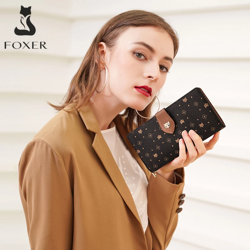 FOXER Women's Long Wallet Card Holder Stylish Money Bag Ladies Monogram Design PVC Leather With Wriststrap Bag Female Coin Purse