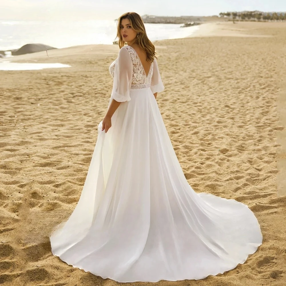 Wedding Dresses Plus Size Customized 3/4 Sleeve Bride Gown with Lace Applique A-Line Sweep Train فستان حفلات