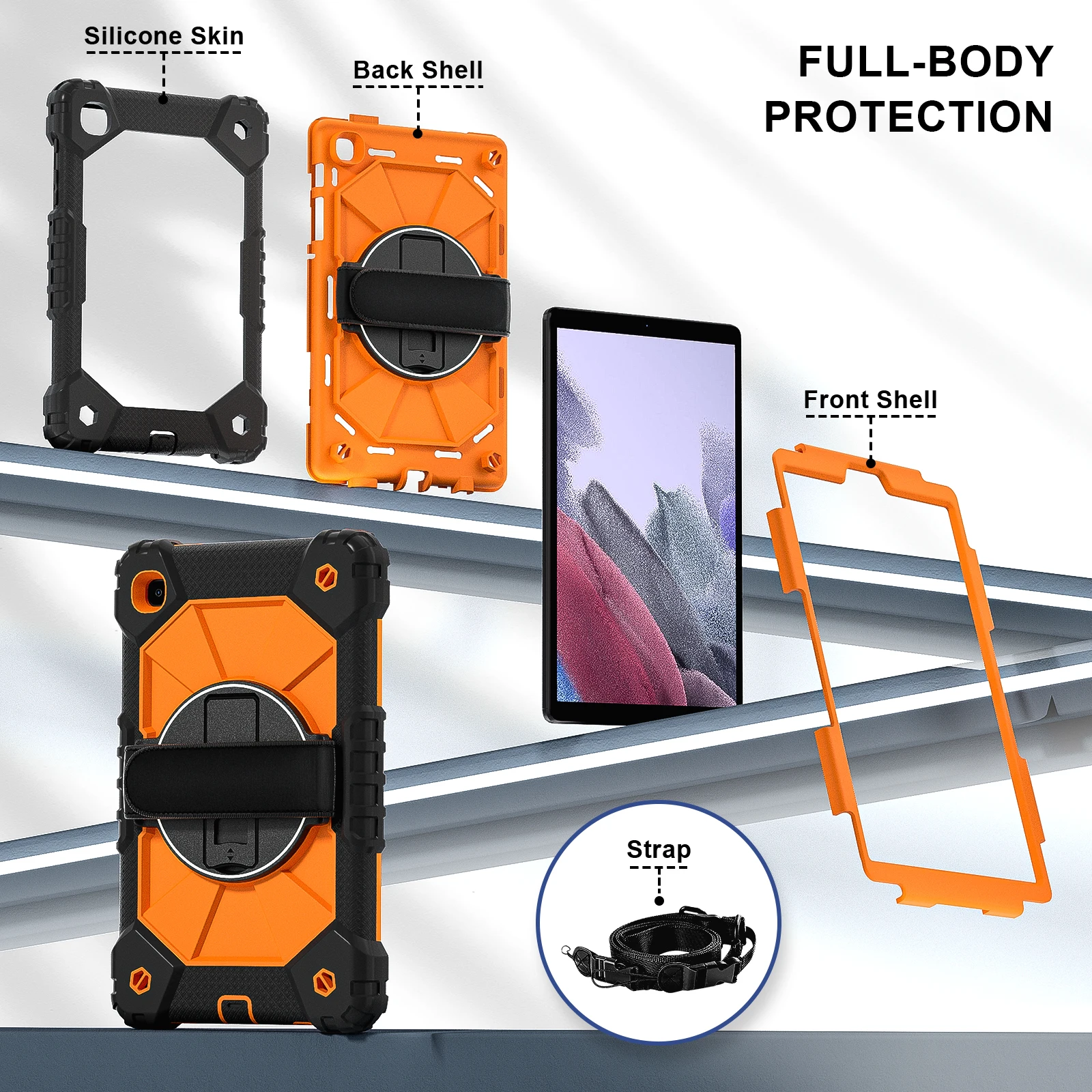 Rotatable Heavy Duty Case For Samsung Galaxy Tab A7 Lite 8.7 2021 SM-T220 SM-T225 3-Layers Armor Stand Cover With Shoulder Strap