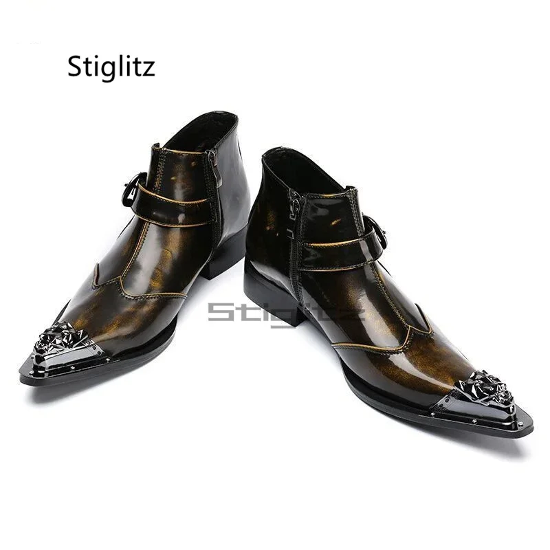 

Bronze Metal Pointed Toe Men's Boots Retro Genuine Leather Ankle Boots Belt Buckle Chelsea Boots Business Dress Party Male Shoes