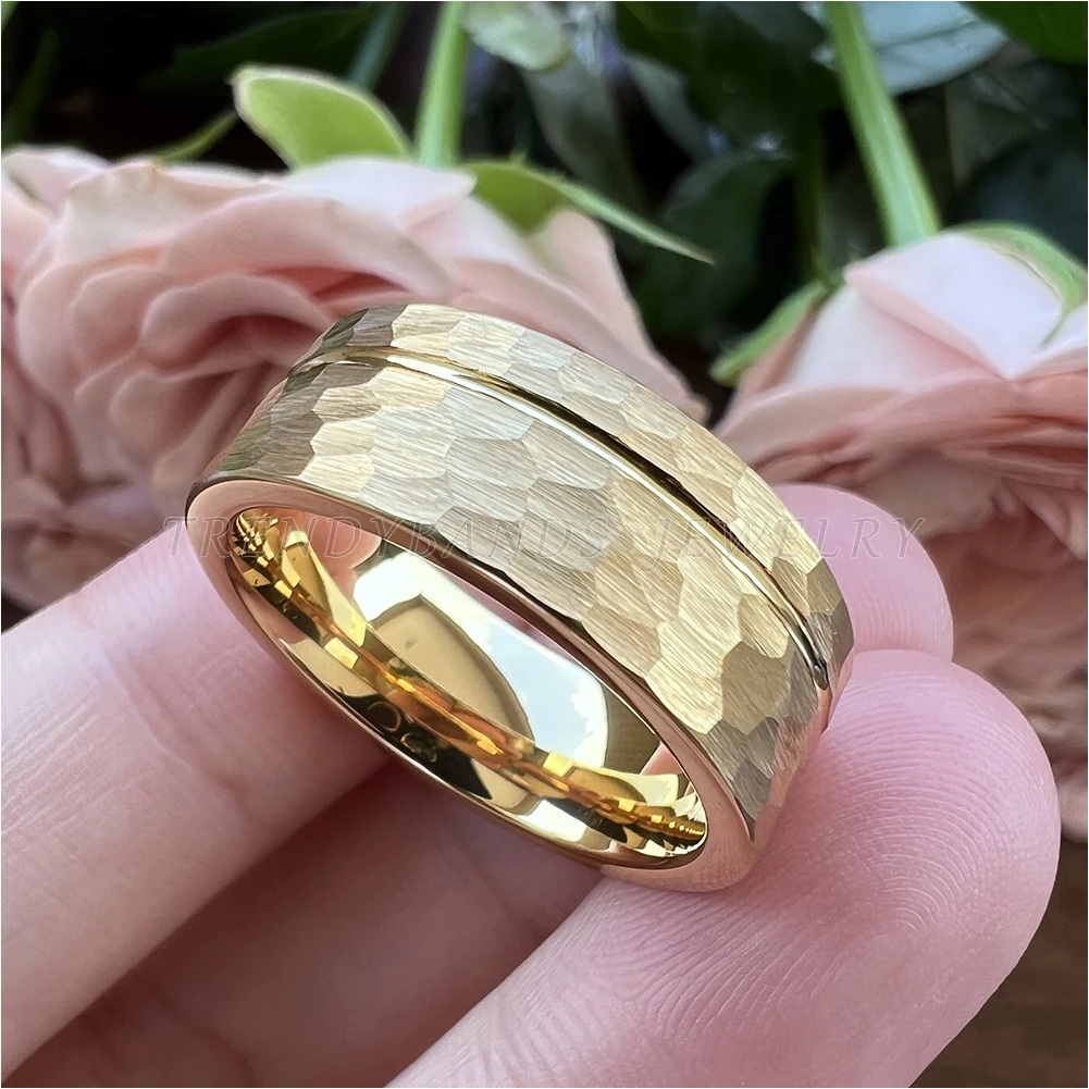 8 mm Eheringe aus Wolframkarbid für Männer und Frauen, Verlobung, Modeschmuck, gehämmerter, versetzter, gerillter, gebürsteter Finish, bequeme Passform – Detail 17