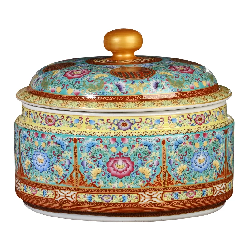 

Jingdezhen enamel color tea canister ceramic large storage box with lid three cakes household jar