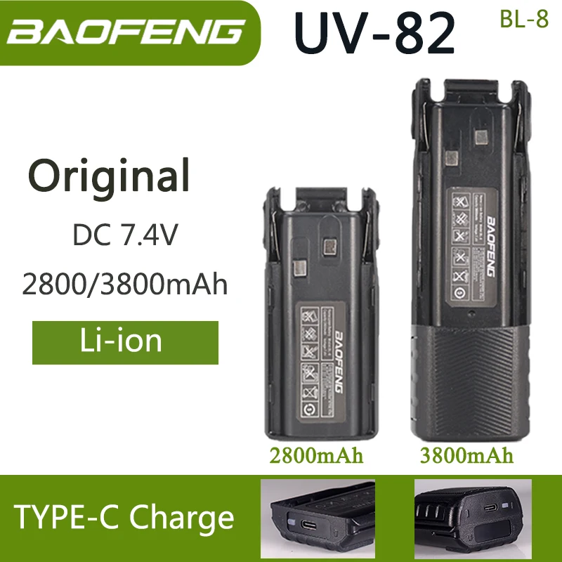Baofeng UV-82 Li-ion Battery USB-C Type-C Charger 2800/3800mAh BL-8 Original For UV-8D UV-82HP UV-8D UV-82WX UV89 Two Way Radio