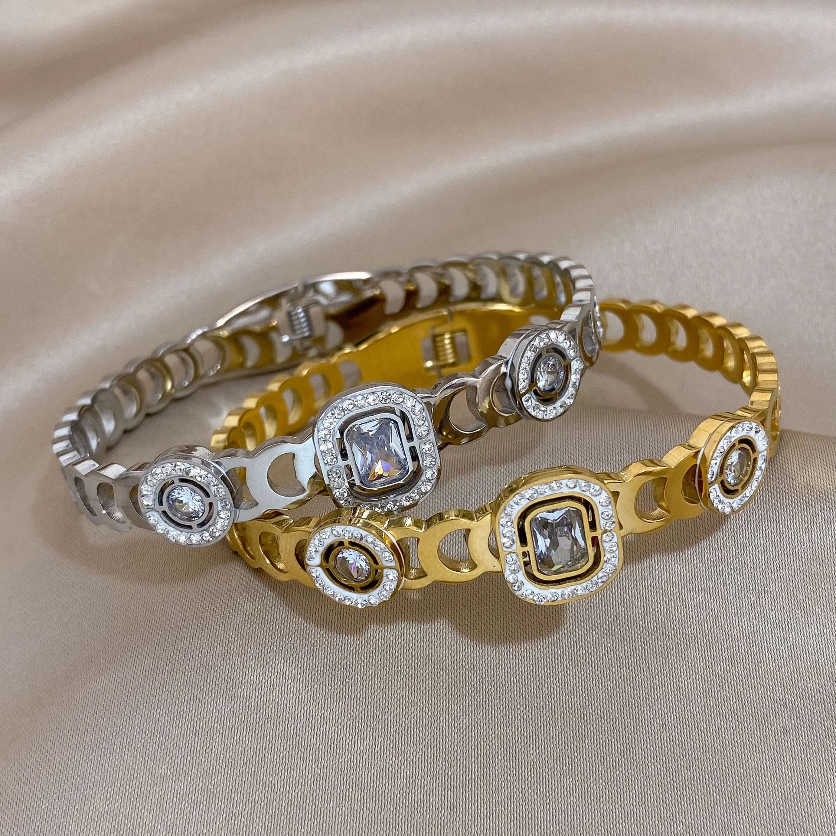 Image 4: Flashbuy Simple Chic multicolore strass Zircon acier inoxydable Bracelets pour femme nouveau charme étanche bijoux cadeau