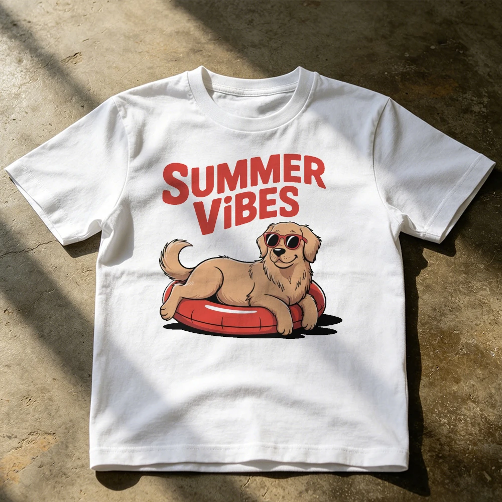 Golden Retriever Graphic T Shirt Summer Vibes Slogan Puppy Swim Ring Sunglasses Print Men Beach Holiday Pet Lover Daily Wear