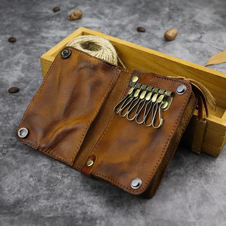 Vintage Key Wallet For Men Handmade Genuine Leather Smart Key Ring Zipper Coin Purse Card Slot Housekeeper Key Chain Bag