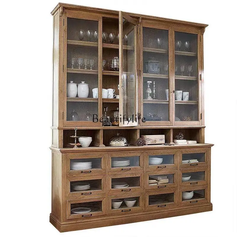 

American solid wood dust-proof dining side cabinet French European glass door wine cabinet retro and old