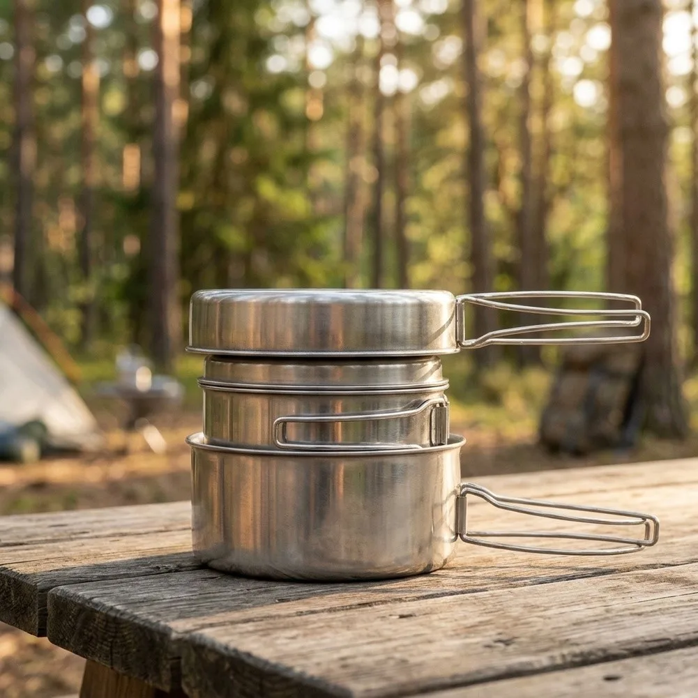 4-Piece Stainless Steel Camping Cookware Set for 2-3 People Compact Nesting Design 14.4x6.3cm Pot 12.5x6cm Pot 15x2.9cm Pan