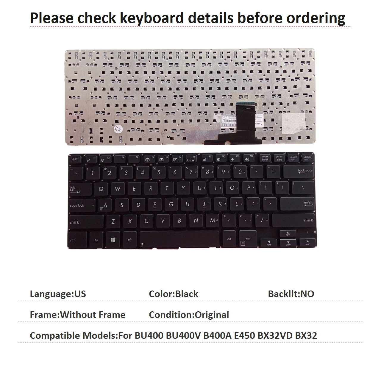 New US Language  Keyboard For ASUS BU400 BU400V B400A E450 BX32VD BX32 Notebook PC Replacement Keyboard
