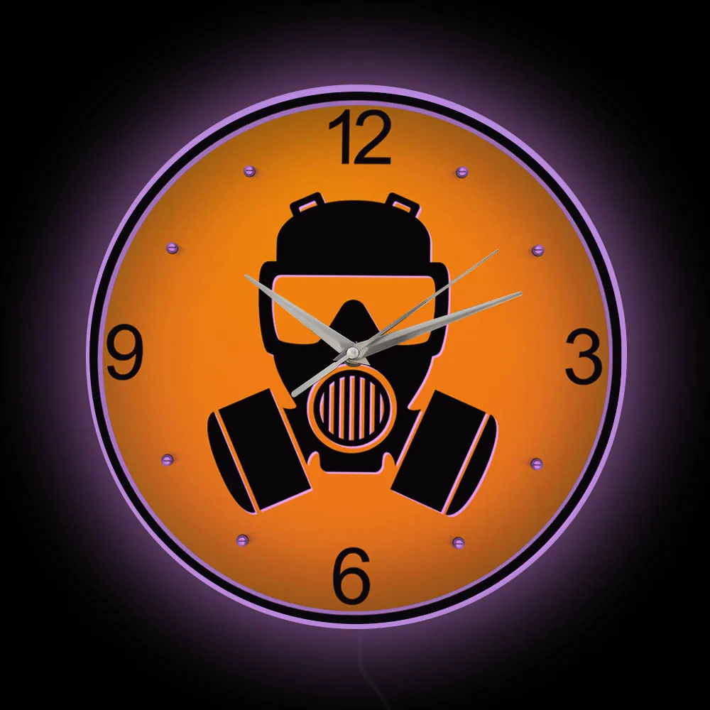 Gas Mask Modern Design Glowing Wall Clock Hazardous Warn Radioactive Sign Physics Lab Office Decor LED Light Clock Bedside Lamp