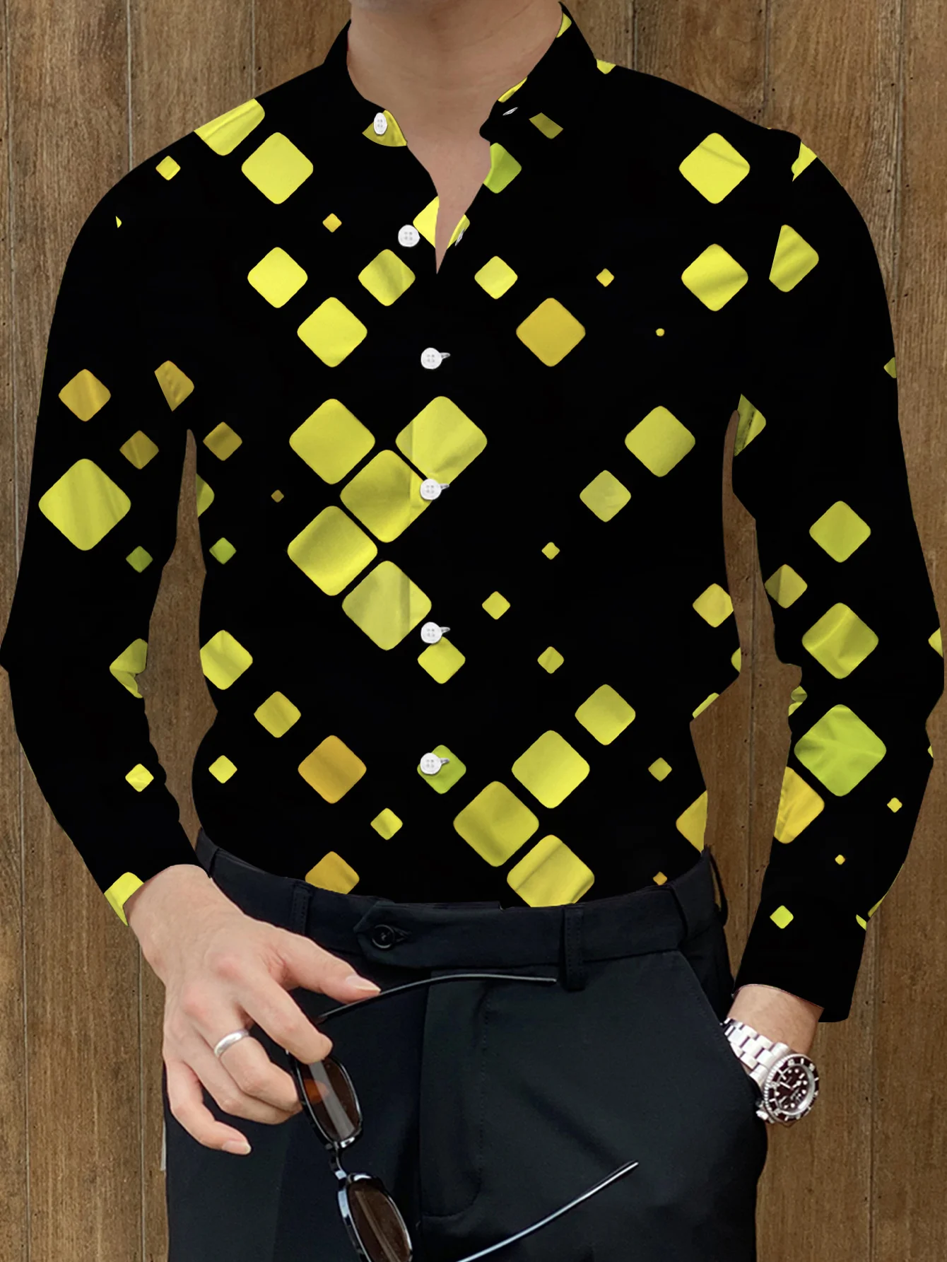 

Men'S Stylish Colorful Abstract Print Long Sleeve Button-Up Shirt , All-Season Wear, Perfect for Formal Occasions