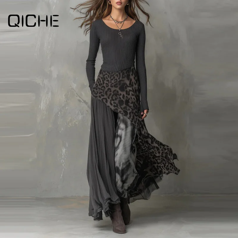 QICHE 2026 New Women Leopard Print Slim Elegant Flowy Maxi Dress, European Style Casual Long Dress