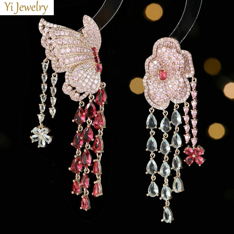 

Large Long Blue Pink Butterfly Pendant Earrings with Zirconia Luxury Jewelry Set for Women Perfect for Wedding Dinner Party